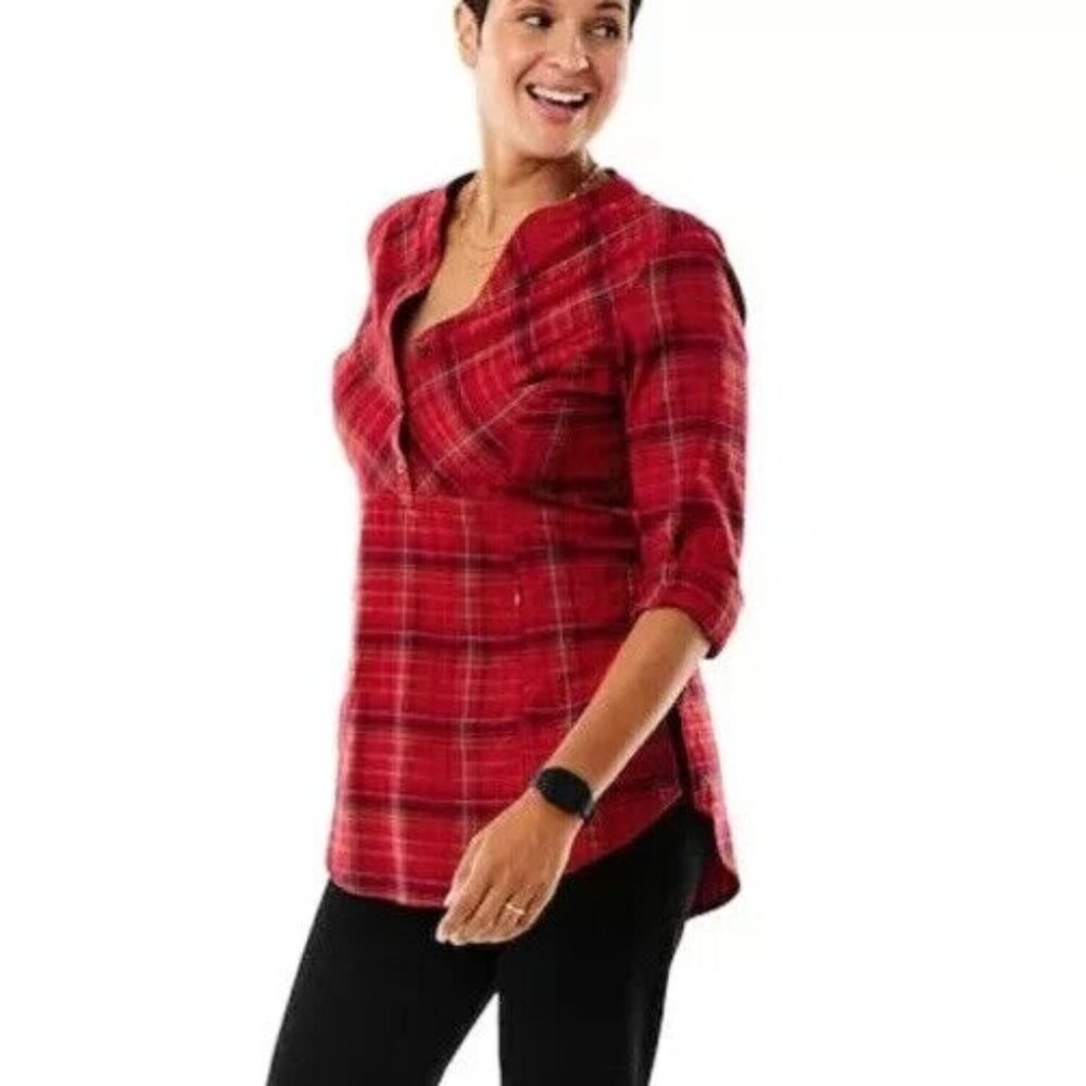 ROYAL ROBBINS Womens Light Flannel Shirt Top Size Medium Red Plaid Cotton Modal